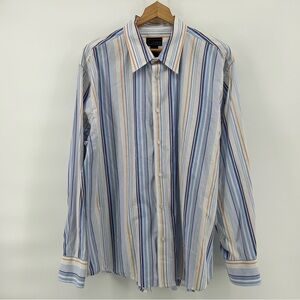 Vtg‎ Cezani White Shirt Mens XL Blue Orange Stripped Long Sleeve Dad Core Preppy